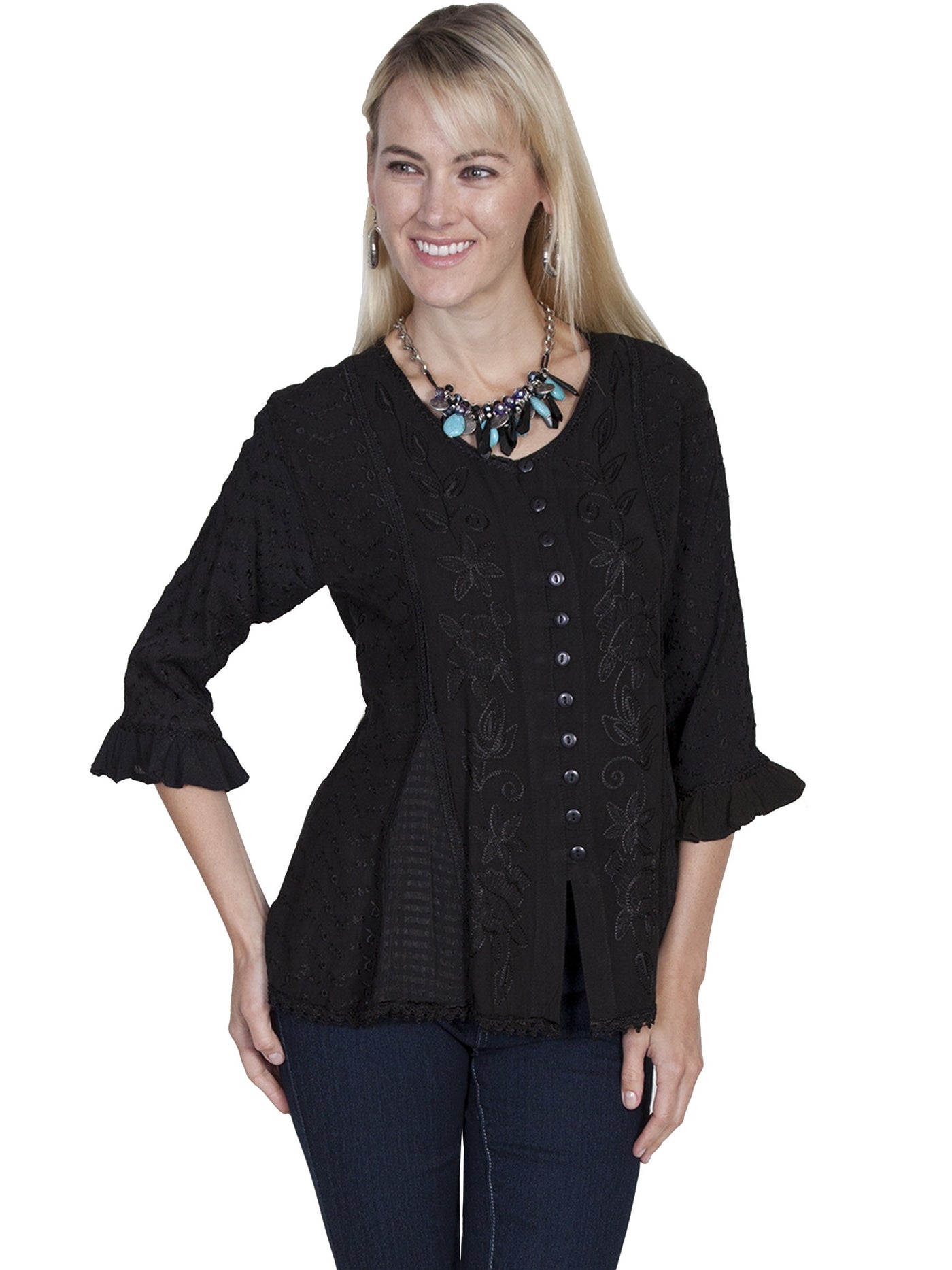 Honey Creek Cowgirl Multi-Fabric Blouse in Black by Scully Leather