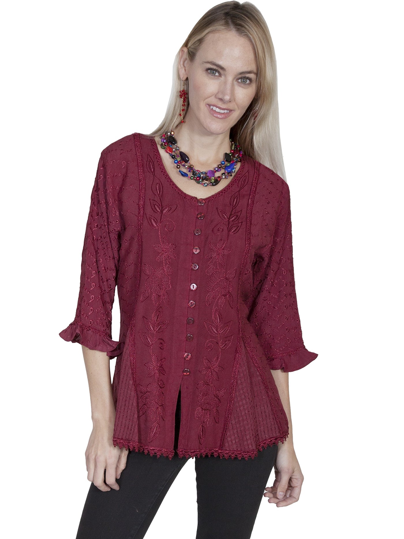 Honey Creek Cowgirl Multi-Fabric Blouse in Burgundy by Scully Leather