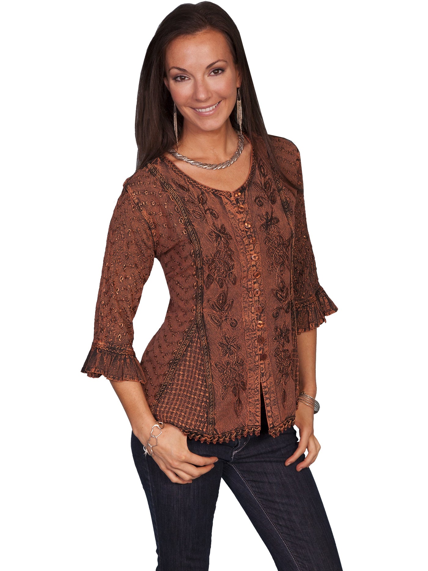 Honey Creek Cowgirl Multi-Fabric Blouse in Copper by Scully Leather