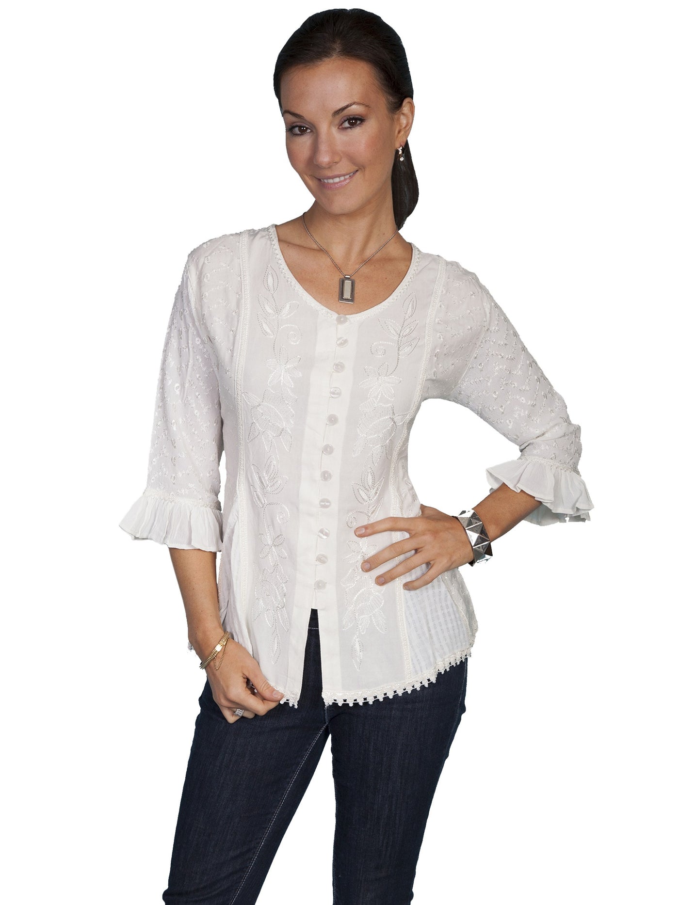 Honey Creek Cowgirl Multi-Fabric Blouse in Ivory by Scully Leather