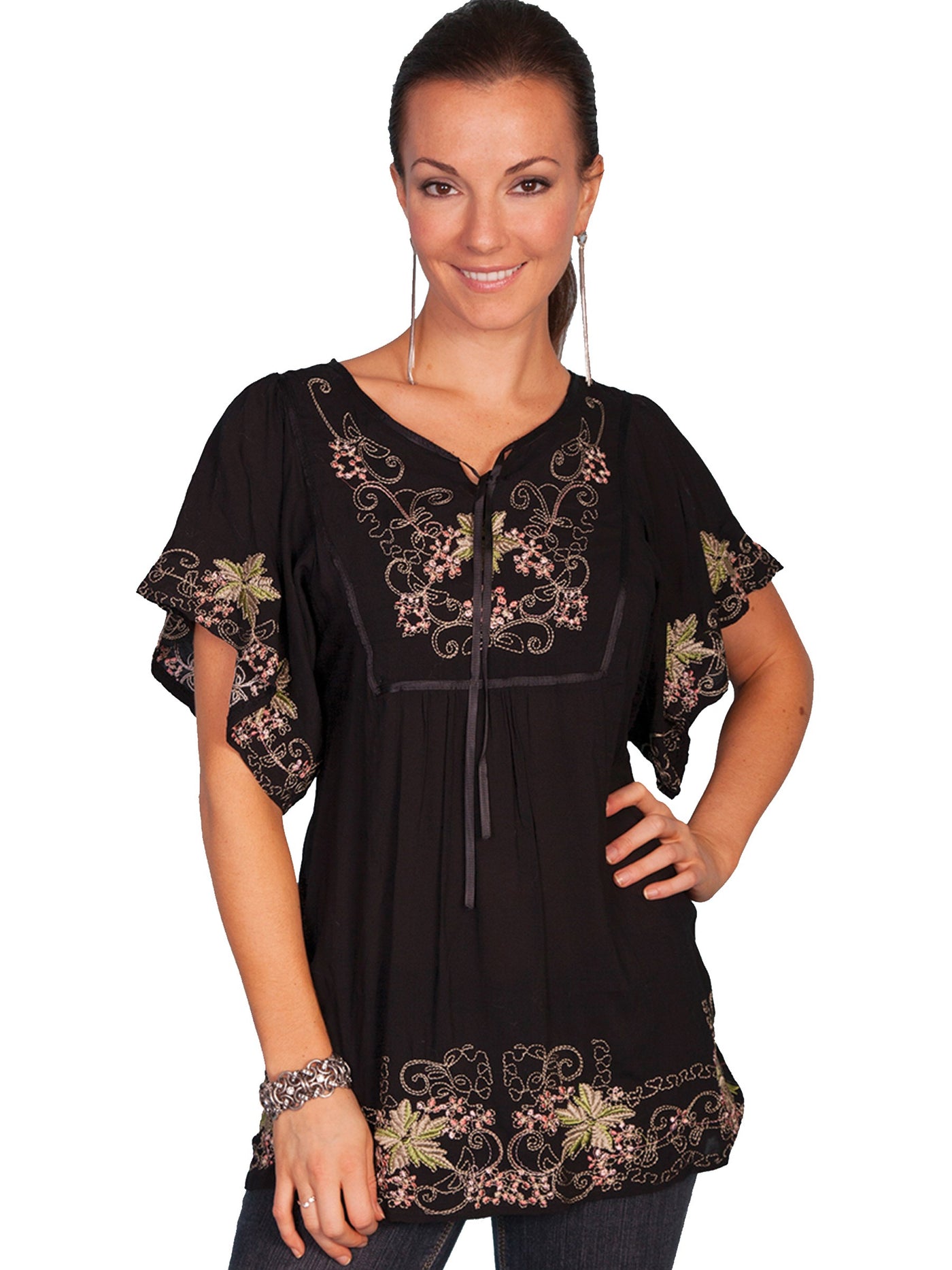 Honey Creek Western Inspired Embroidered Tunic in Black by Scully Leather