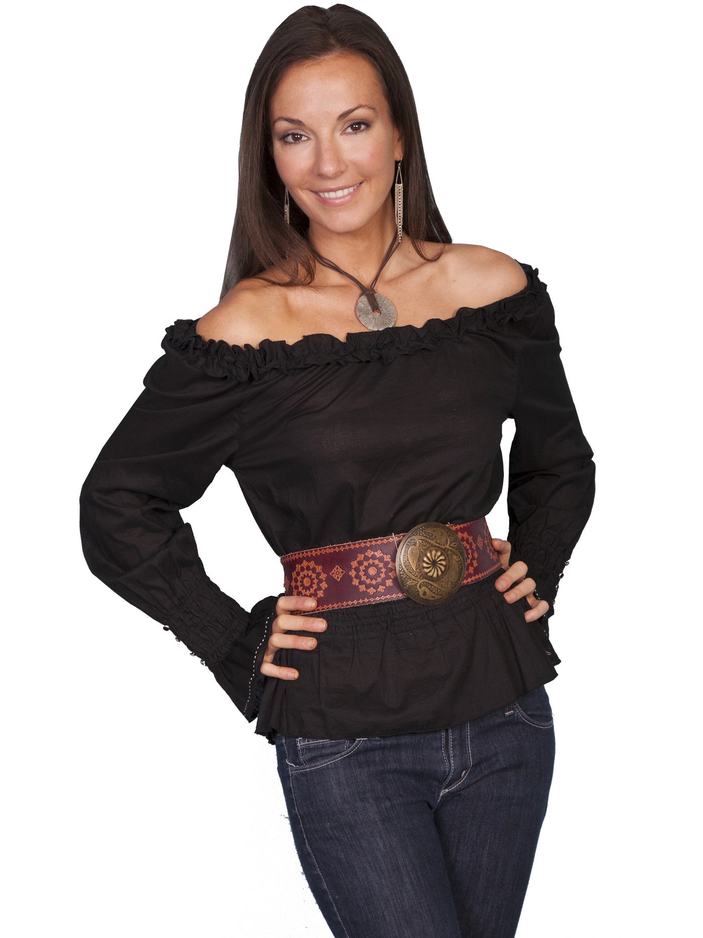 Honey Creek Ranch Style Romantic Peasant Blouse in Black by Scully Leather