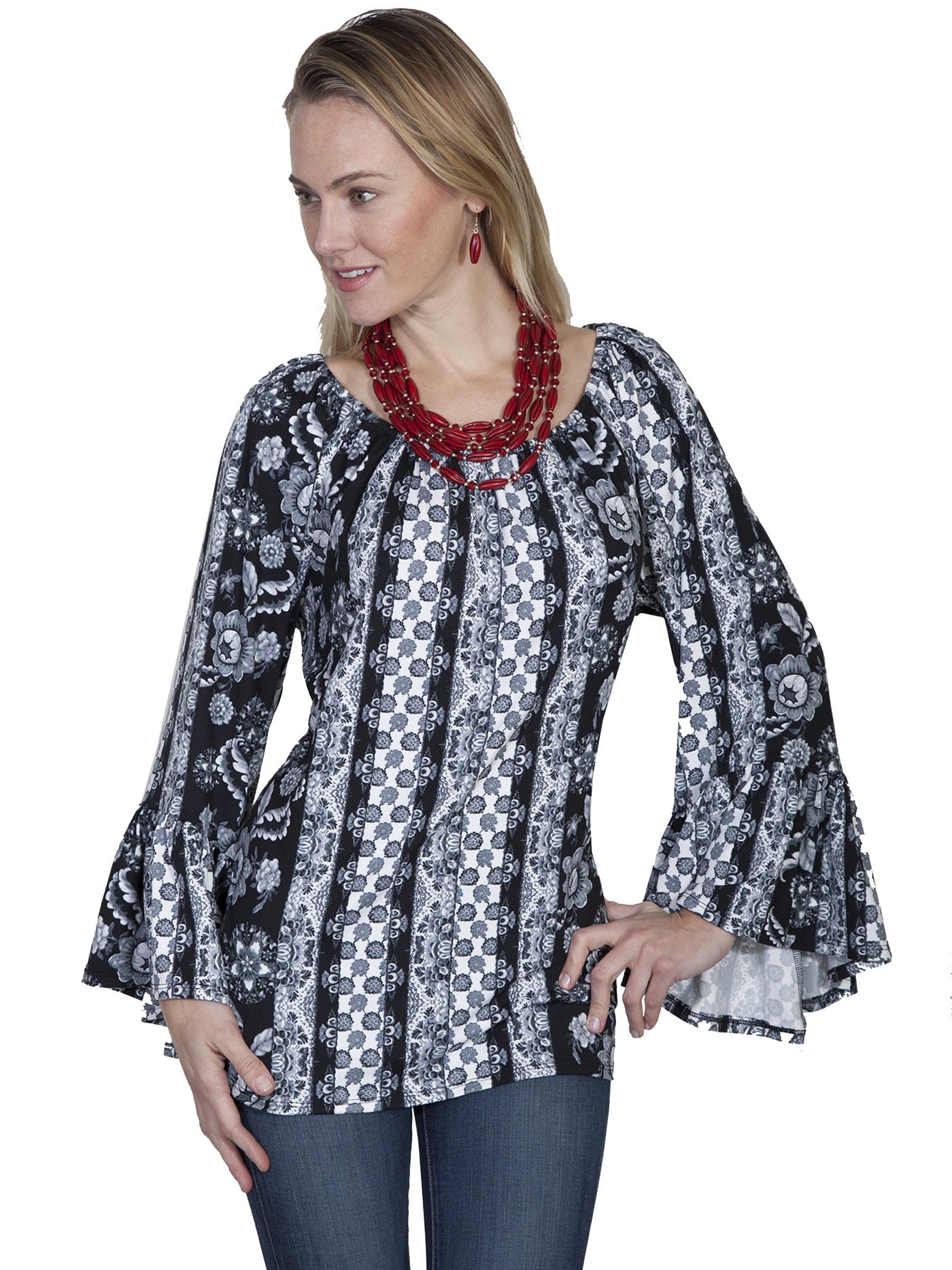 Honey Creek Prairie Black & White Peasant Blouse by Scully Leather