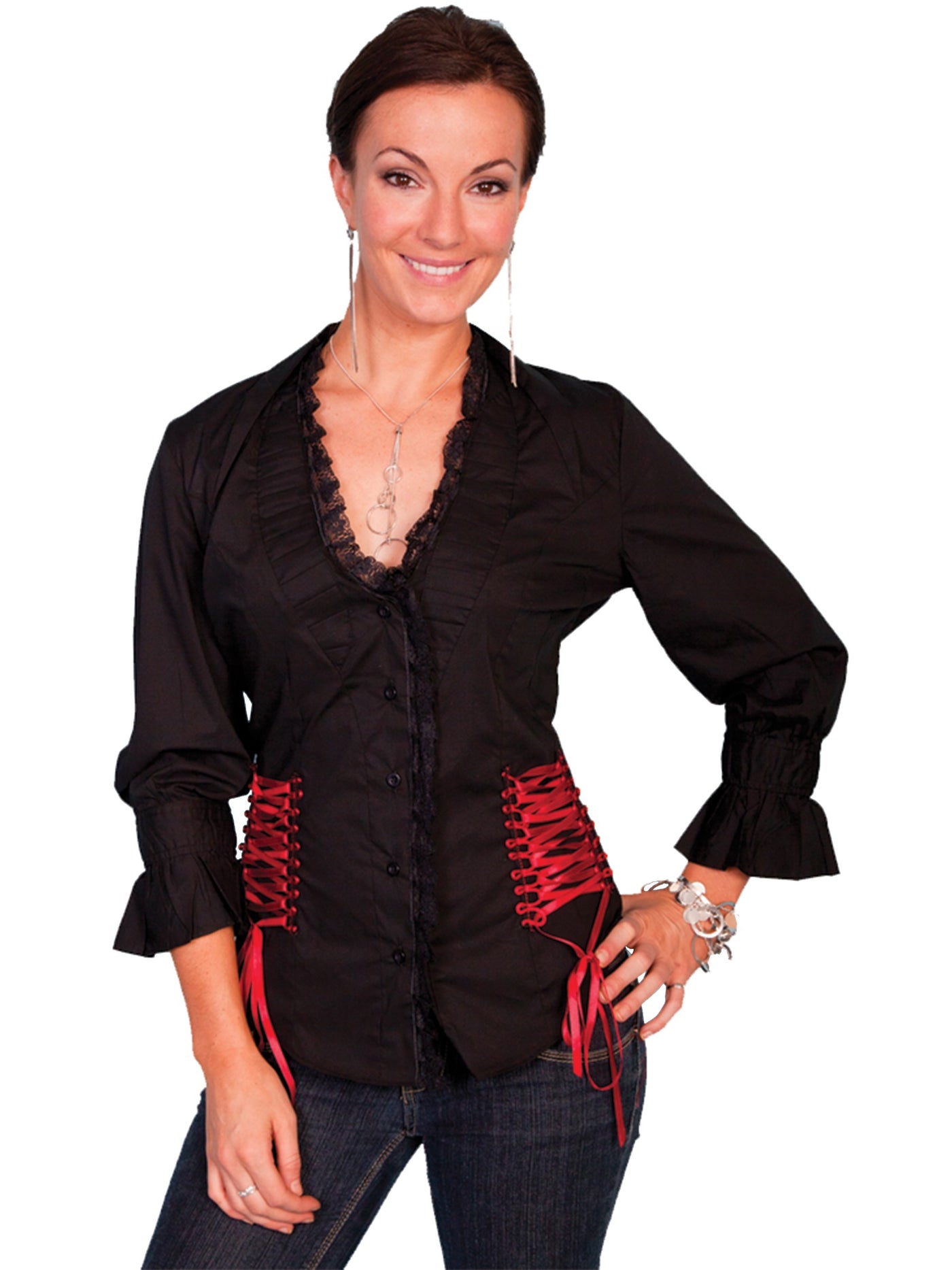 Honey Creek Wild At Heart Ruffled Black Blouse by Scully Leather
