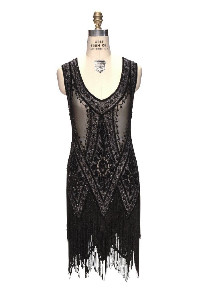 1920s Style Fringe Party Dress in Jet Crystal by The Deco Haus