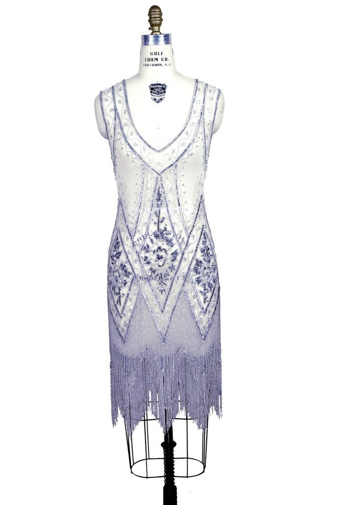 1920s Style Fringe Party Dress in Silver/White by The Deco Haus