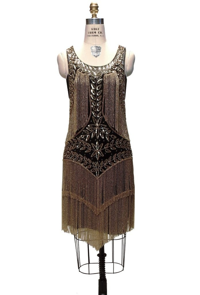 Roaring Twenties Cocktail Party Dress in Gold/Jet by The Deco Haus