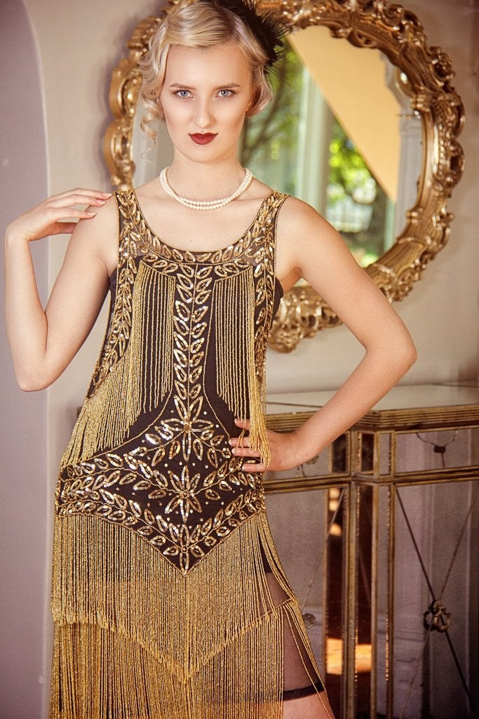 Roaring Twenties Cocktail Party Dress in Gold/Jet by The Deco Haus