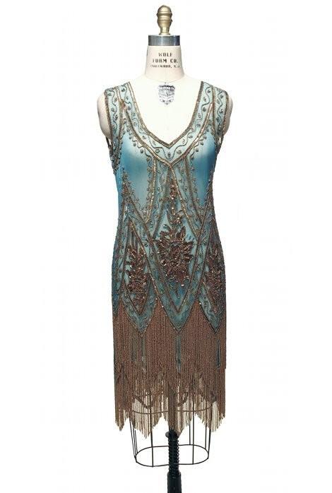 1920s Style Fringe Party Dress in Gold/Turquoise by The Deco Haus