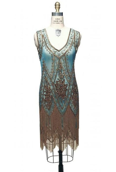 1920s Style Fringe Party Dress in Gold/Turquoise by The Deco Haus