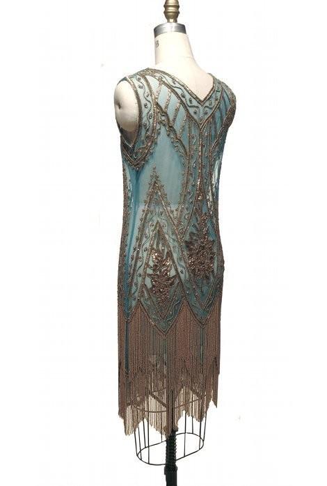 1920s Style Fringe Party Dress in Gold/Turquoise by The Deco Haus