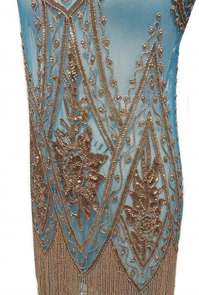 1920s Style Fringe Party Dress in Gold/Turquoise by The Deco Haus