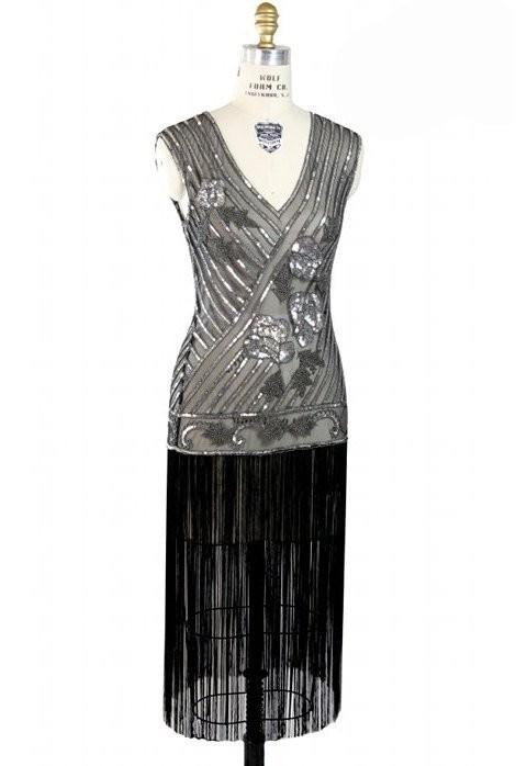 1920s Vintage Style Fringe Deco Dress in Silver/Black