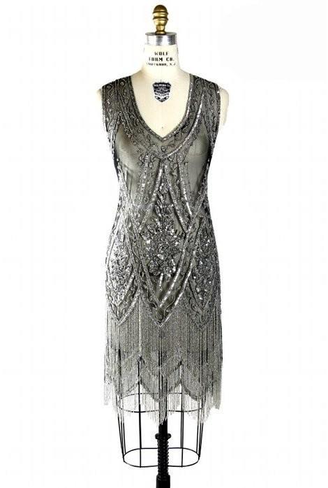 1920s Style Fringe Party Dress in Silver/Jet by The Deco Haus