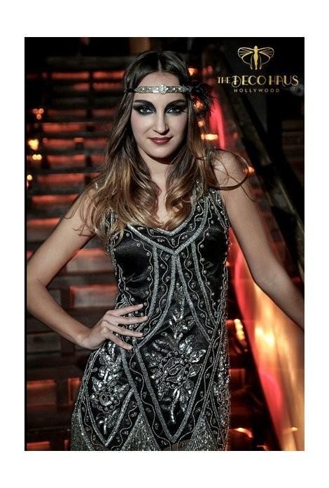 1920s Style Fringe Party Dress in Silver/Jet by The Deco Haus