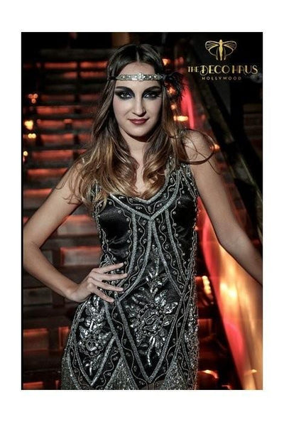 1920s Style Fringe Party Dress in Silver/Jet by The Deco Haus