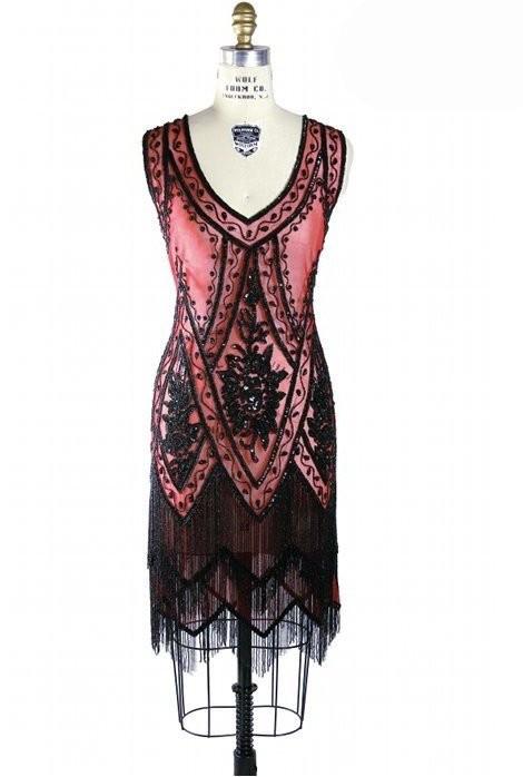 1920s Style Fringe Party Dress in Jet/Ruby by The Deco Haus