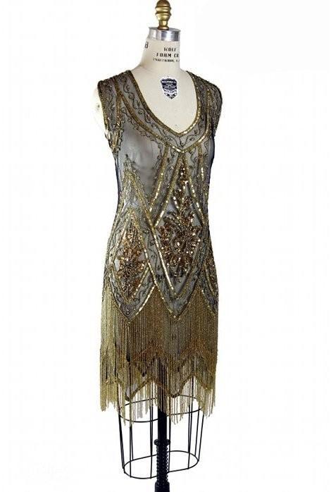 1920s Style Fringe Party Dress in Gold/Jet by The Deco Haus