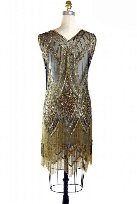 1920s Style Fringe Party Dress in Gold/Jet by The Deco Haus