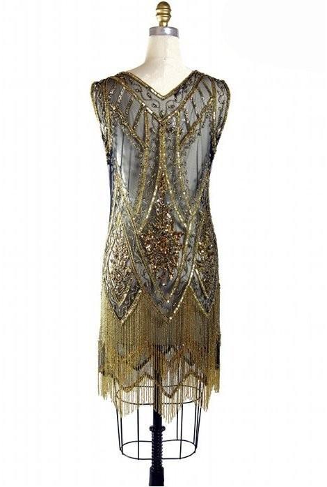 1920s Style Fringe Party Dress in Gold-Jet - SOLD OUT
