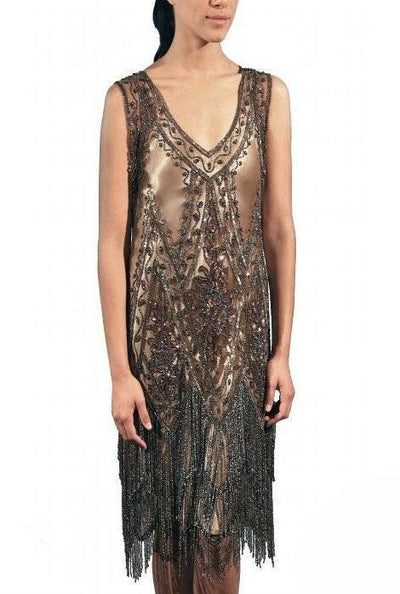 1920s Style Fringe Party Dress in Cocoa by The Deco Haus