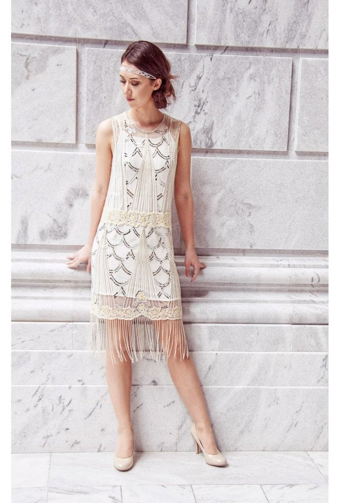 Roaring Twenties Luxury Deco White Dress by The Deco Haus