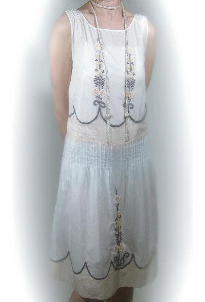 1920s Vintage Style Embroidered Dress in White by The Deco Haus