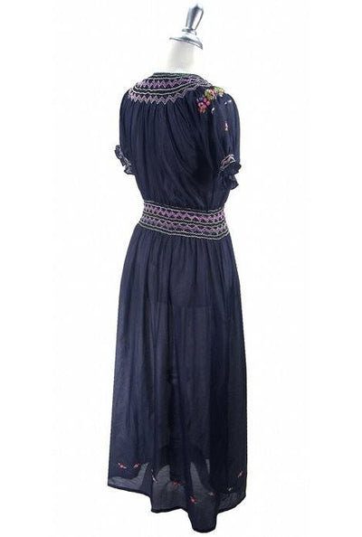1920s Style Embroidered Maxi Dress in Ink Blue by The Deco Haus