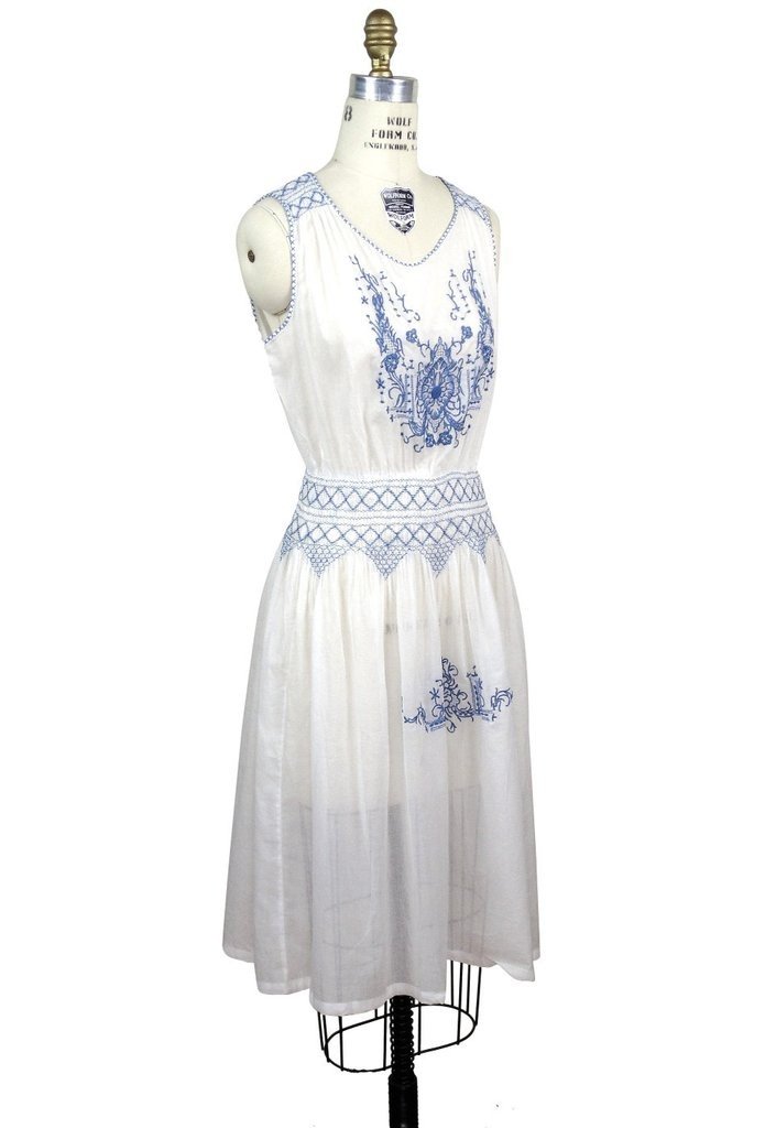 1920s Inspired Romantic Embroidered Dress in French Blue/White by The Deco Haus