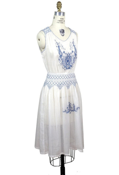1920s Inspired Romantic Embroidered Dress in French Blue/White by The Deco Haus