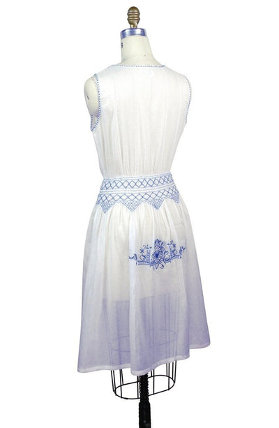 1920s Inspired Romantic Embroidered Dress in French Blue/White by The Deco Haus