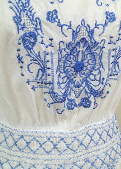 1920s Inspired Romantic Embroidered Dress in French Blue/White by The Deco Haus