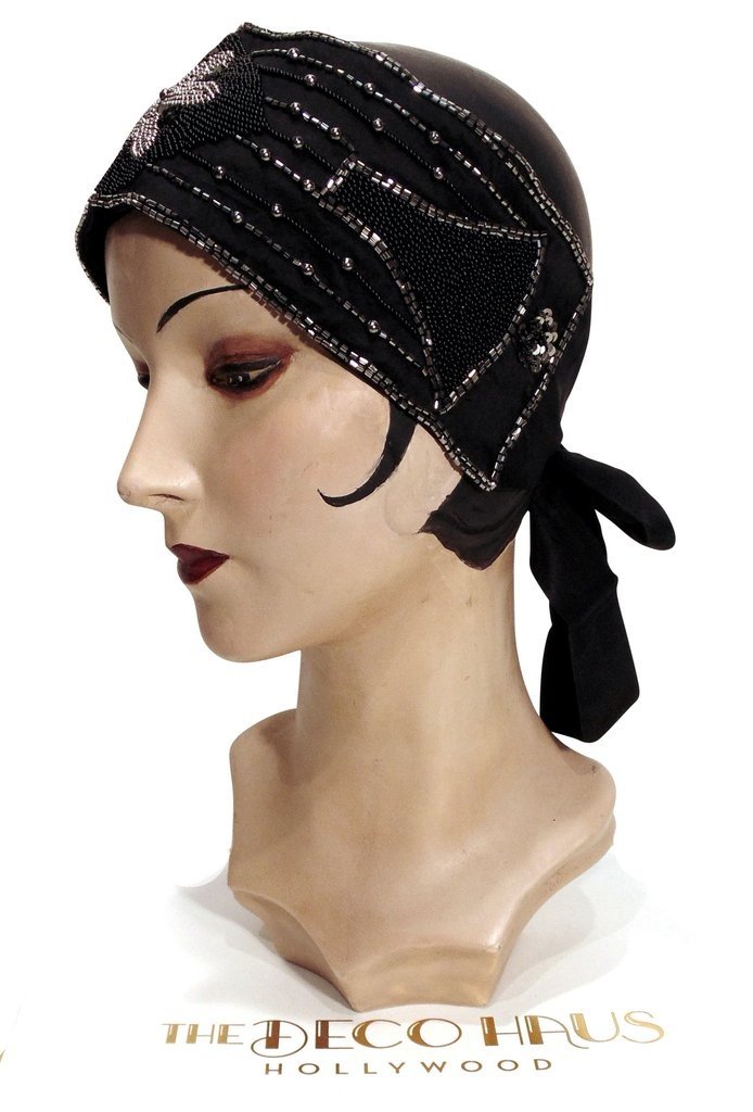 1920s Style Head Wrap Cummerbund in Black/Silver by The Deco Haus