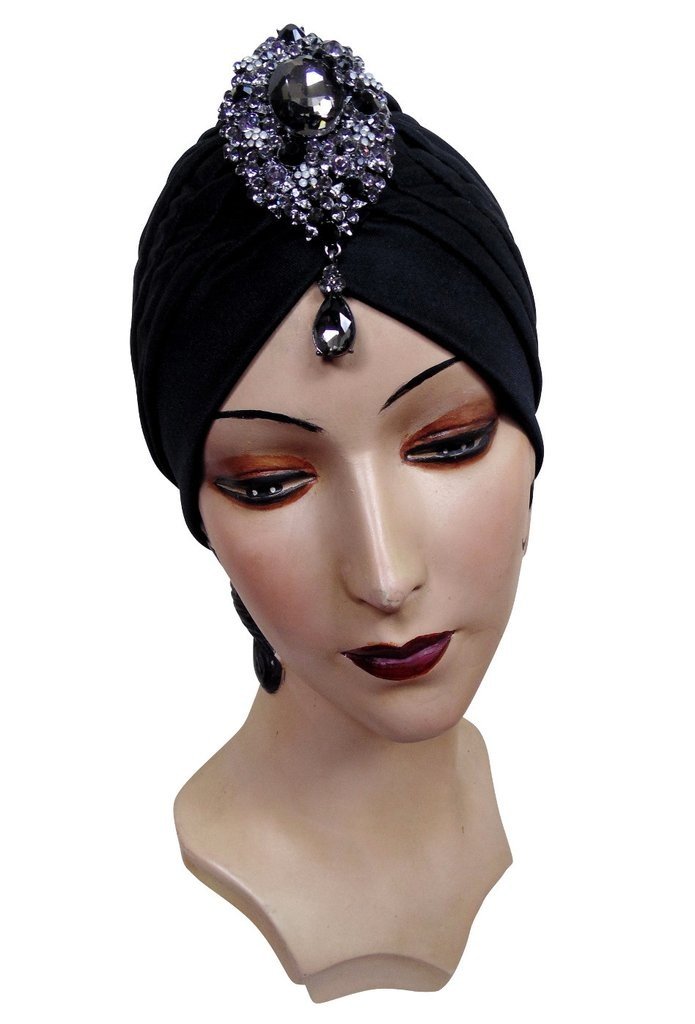 Roaring Twenties Evening Turban with Black Pewter Teardrop by The Deco Haus