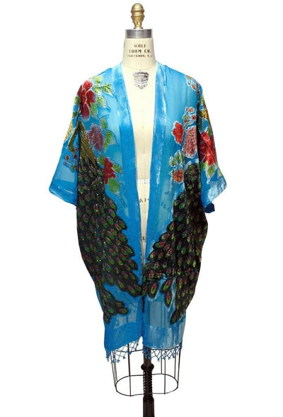 Art Deco Peacock Velvet Evening Wrap in Turquoise/Blue by The Deco Haus