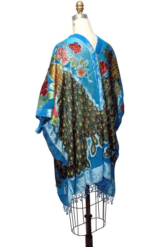 Art Deco Peacock Velvet Evening Wrap in Turquoise/Blue by The Deco Haus
