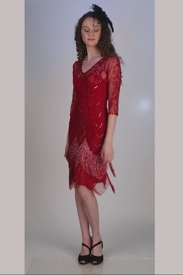 1920s Deco Fringe Party Dress in Red