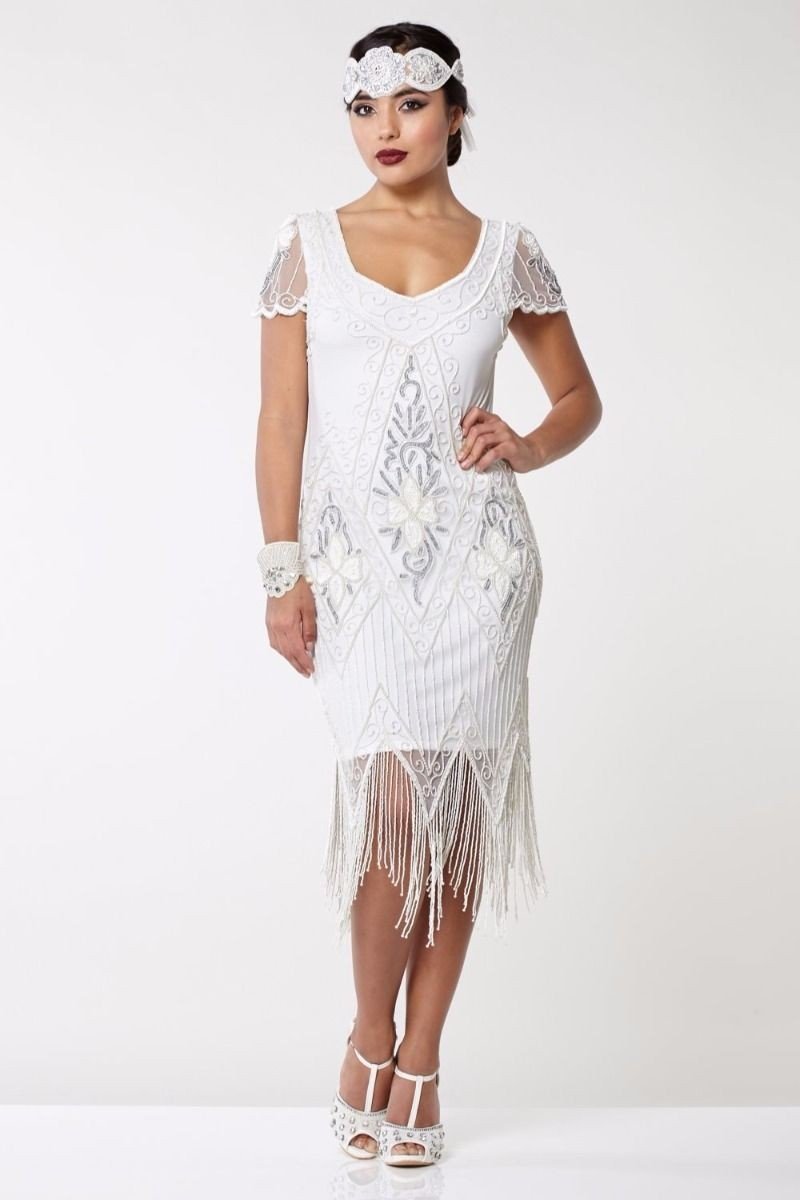 Flapper Style Fringe Party Dress in White Silver By Gatsby Lady