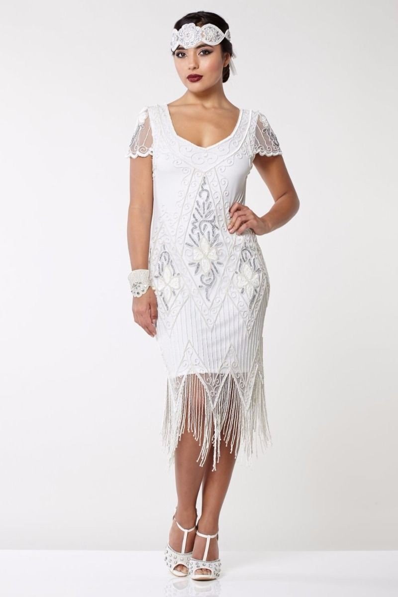 Flapper Style Fringe Party Dress in White Silver