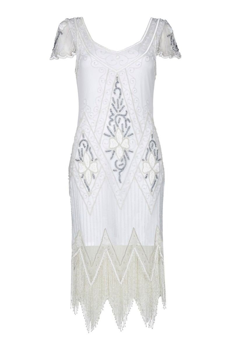 Flapper Style Fringe Party Dress in White Silver By Gatsby Lady
