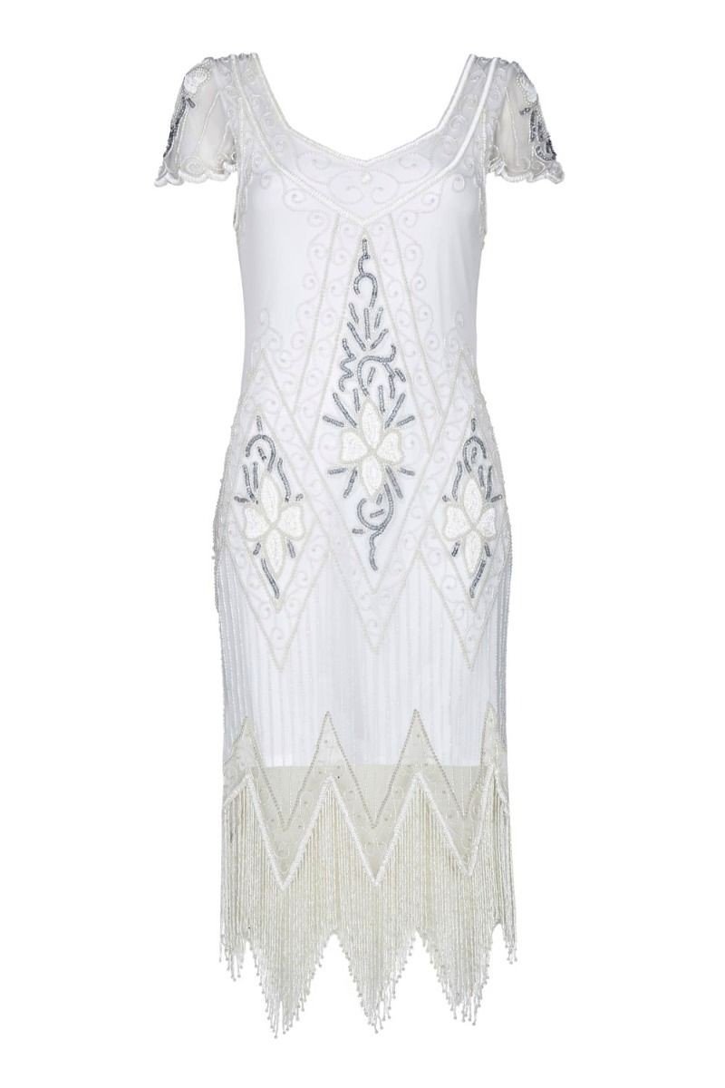 Flapper Style Fringe Party Dress in White Silver