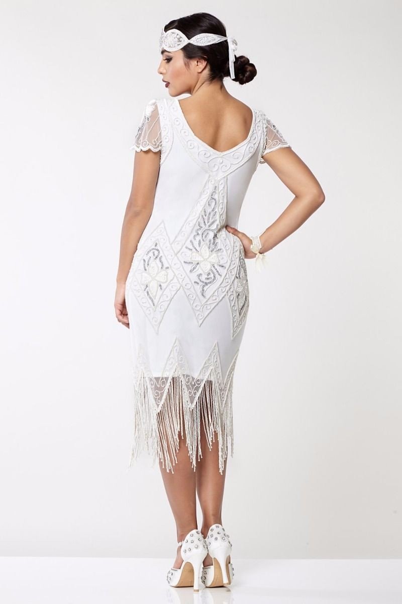 Flapper Style Fringe Party Dress in White Silver By Gatsby Lady