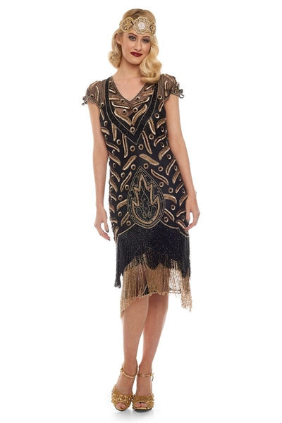 Art Deco Fringe Party Dress in Black Gold