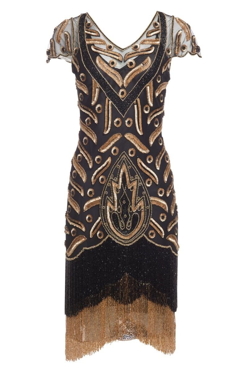 Art Deco Fringe Party Dress in Black Gold