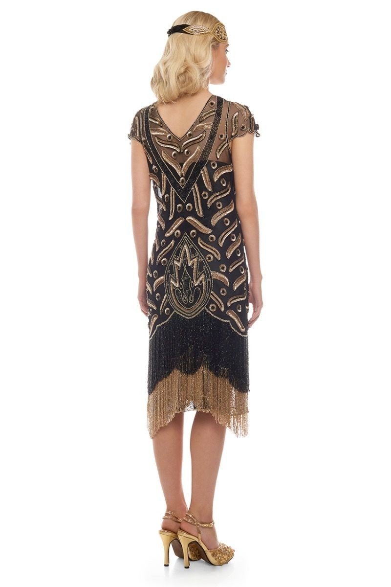 Art Deco Fringe Party Dress in Black Gold