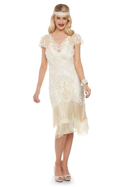 Art Deco Fringe Party Dress in Cream