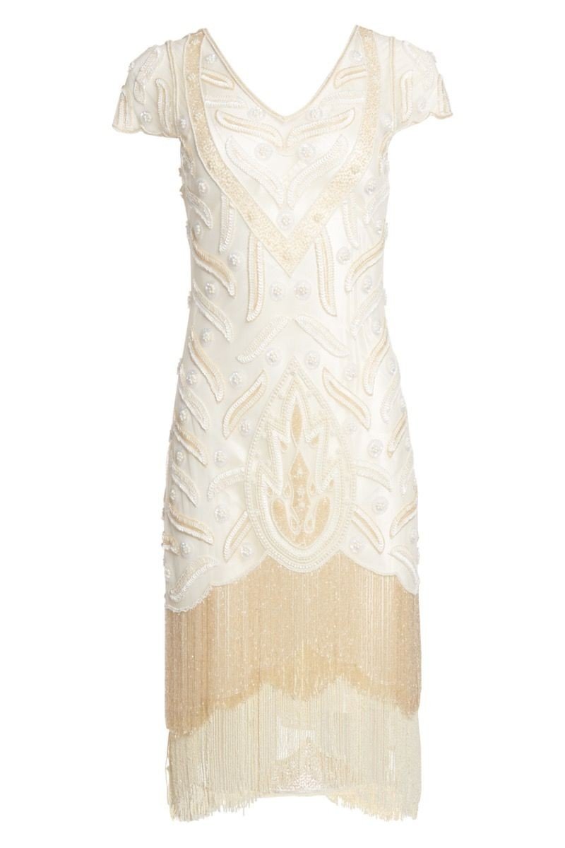 Art Deco Fringe Party Dress in Cream