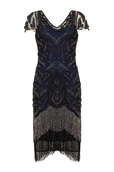 Art Deco Fringe Party Dress in Black Navy