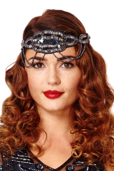 Flapper Style Headband in Navy Silver