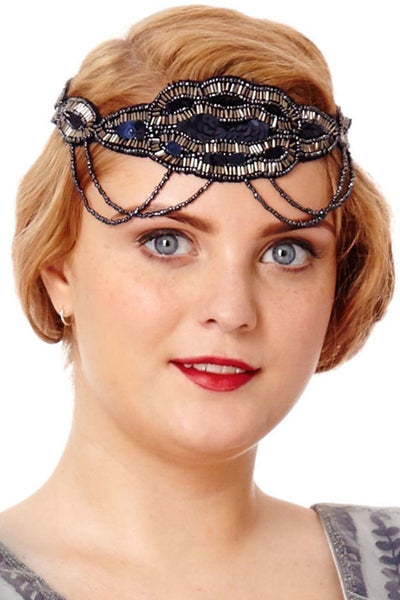 Flapper Style Headband in Navy Silver